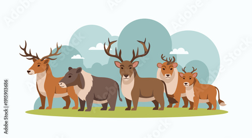 A diverse group of deer and similar horned animals with varying antler sizes stand on a green grassy field.