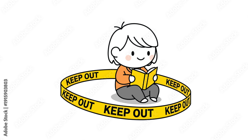 Naklejka premium Personal space concept: Cute cartoon character reading book inside 'Keep Out' tape circle, emphasizing focus and quiet time