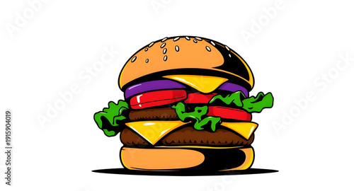 burger, hamburger, food, fastfood, cartoon, illustration, isolated, bun, beef, patty, cheese, lettuce, tomato, sesame, meal, snack, tasty, yummy, delicious, juicy, grilled, sandwich, streetfood, diner