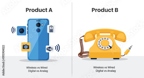 A split-screen comparison illustrating a modern smartphone with digital features and a vintage analog rotary telephone side by side.