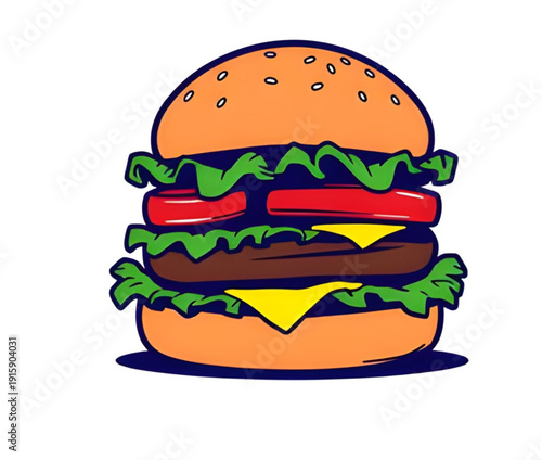 burger, hamburger, food, fastfood, cartoon, illustration, isolated, bun, beef, patty, cheese, lettuce, tomato, sesame, meal, snack, tasty, yummy, delicious, juicy, grilled, sandwich, streetfood, diner