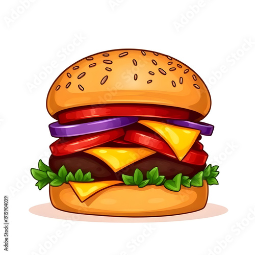 burger, hamburger, food, fastfood, cartoon, illustration, isolated, bun, beef, patty, cheese, lettuce, tomato, sesame, meal, snack, tasty, yummy, delicious, juicy, grilled, sandwich, streetfood, diner