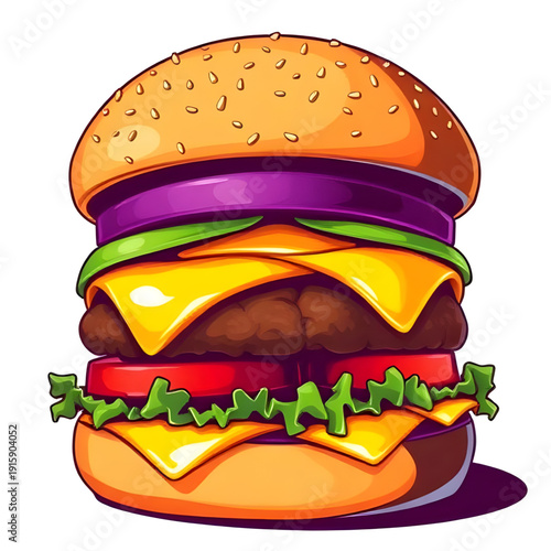 burger, hamburger, food, fastfood, cartoon, illustration, isolated, bun, beef, patty, cheese, lettuce, tomato, sesame, meal, snack, tasty, yummy, delicious, juicy, grilled, sandwich, streetfood, diner