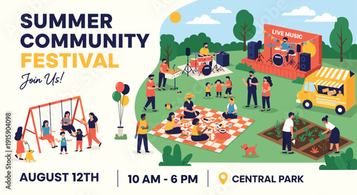 People are enjoying various activities at a vibrant outdoor summer community festival held in a lively park setting.