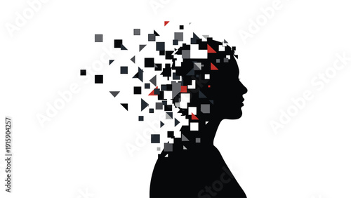 Abstract woman's head silhouette fragmenting into geometric shapes. Mental health, digital mind, data, memory concept.