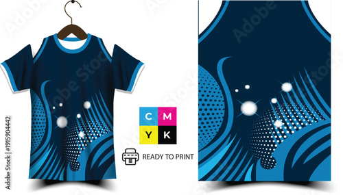Dark Blue T-Shirt Design with Abstract Blue Waves and Halftone Dots