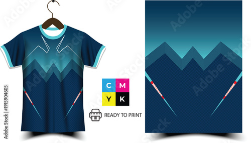 Modern T-Shirt Design with Geometric Mountain Pattern and CMYK Print Ready Icon