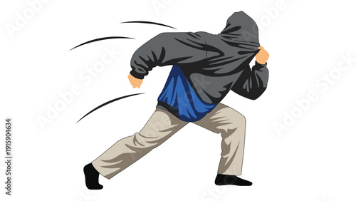 Anonymous hooded figure running fast, motion lines indicating speed and urgency, dynamic vector illustration