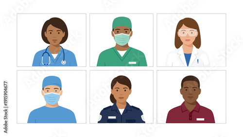 Diverse Professional Avatars: Healthcare Workers, Police Officer, and Essential Service Personnel in a Grid Layout