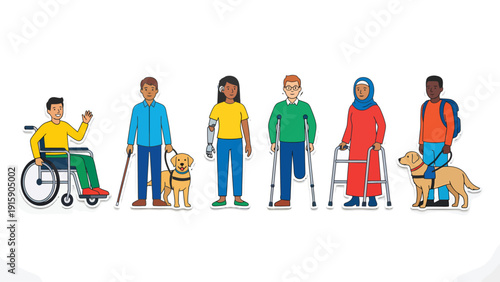 Diverse group of people with disabilities, assistive devices, and service animals. Flat vector illustration promoting inclusion and accessibility.