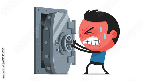 Cartoon man struggling to open a heavy vault door, symbolizing effort, security, and financial challenges