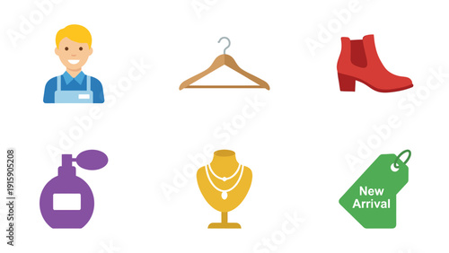 Flat design retail & shopping icons: shop assistant, clothes hanger, boot, perfume, jewelry, new arrival tag