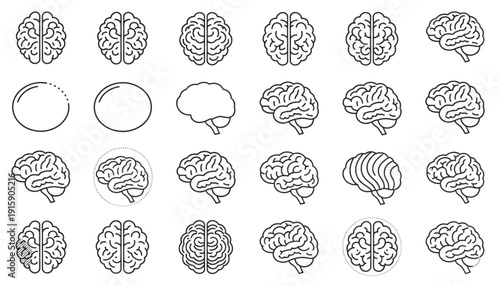 Human Brain Line Art Icons Vector Set for Neuroscience Psychology AI Technology Education Innovation