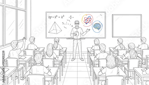 Line Art Teacher Explaining STEM and Math to Engaged Students in Modern Classroom Learning