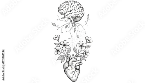 Detailed Line Art of Brain and Heart Connected by Growing Flowers. Holistic Mental Wellness and Emotional Intelligence.