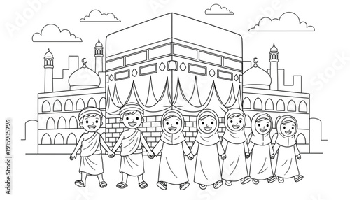 Happy Muslim Kids Celebrating Hajj Pilgrimage with Kaaba and Mosque Line Art for Islamic Education