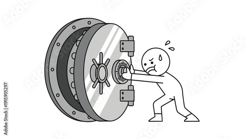 Person struggling to open a heavy vault door. Effort, challenge, security, access difficulty concept.