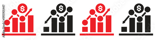 Chart icon with dollar coin and directional arrows, showing growth and decline, business economic growth symbol vector illustration, EPS10 on white background. 