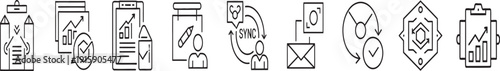 Business process icons line art, workflow, analytics, planning, collaboration, email, sync, management