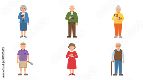 Diverse Senior Adult Cartoon Characters Set: Elderly Men & Women with Hobbies and Daily Life