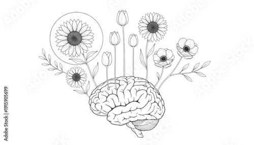 Flourishing Mind Brain with Flowers Line Art for Creativity and Mental Wellbeing