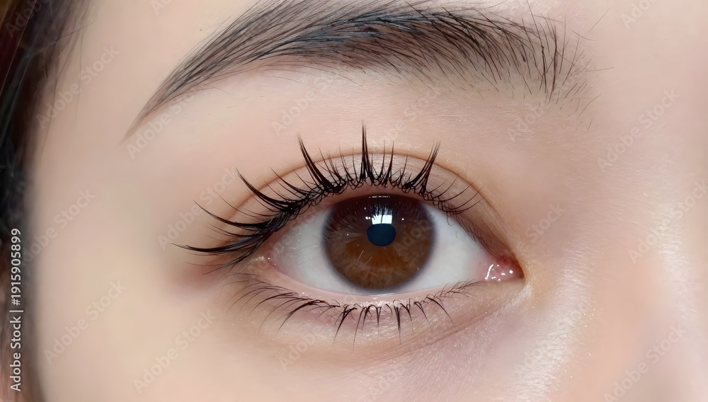 Obraz premium Close-up of a brown eye with long lashes and a defined eyebrow