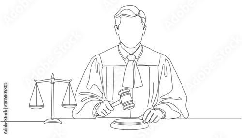 Judge Holding Gavel with Scales of Justice Line Art for Legal Decisions, Courtroom Proceedings and Law Firms