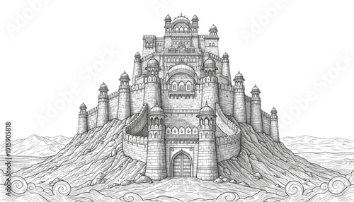 Majestic Ornate Palace Fortress on Mountain. Intricate Line Art Illustration for Fantasy, Gaming, and Publishing
