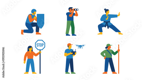 Flat Design People Set: Security, Photography, Martial Arts, Traffic Control, Drone Piloting, and Hiking