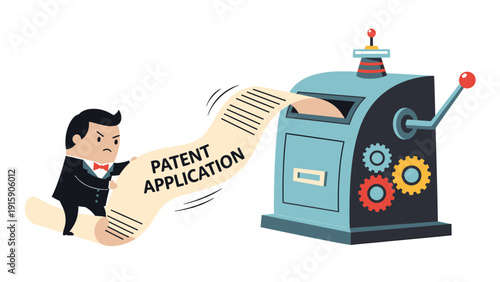 Businessman pulls lengthy patent application from machine. Intellectual property, innovation, legal process, invention concept.