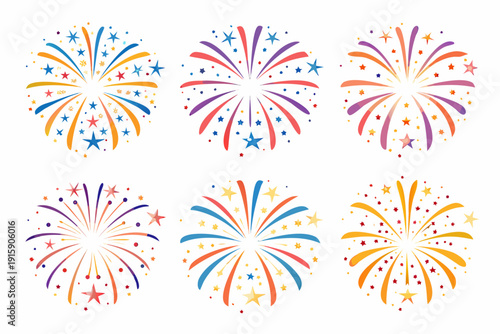 Colorful firework displays arranged in a grid pattern on a white background