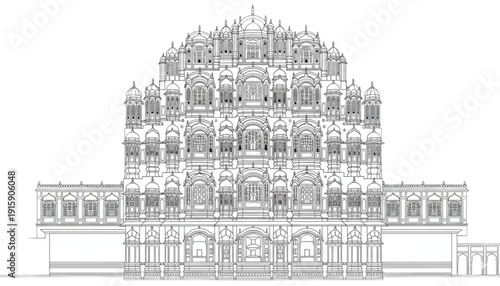 Intricate Indian Palace Facade Architectural Drawing for Travel Brochures, Heritage Tours, and Cultural Websites