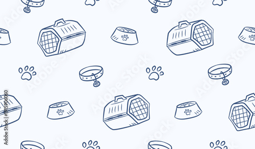 Pet doodle background. Cute pet accessories seamless pattern. Pet shop pattern background. Pet care hand drawn seamless pattern with dog cage, cat food, bowl, paws, collar.