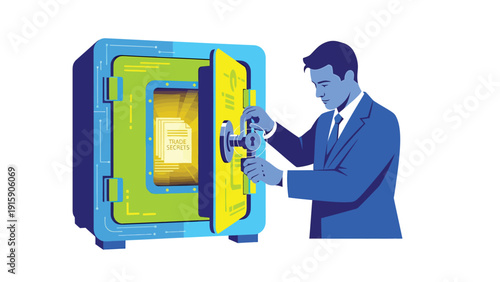 Businessman opening safe box to access valuable digital assets. Data security, financial protection, and secure storage concept.