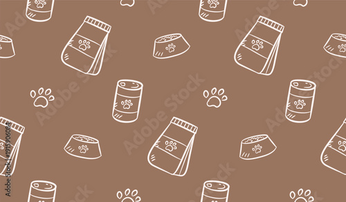 Pet doodle background. Cute pet accessories seamless pattern. Pet shop pattern background. Pet care hand drawn seamless pattern with dog food, can, treat, cat bowl.