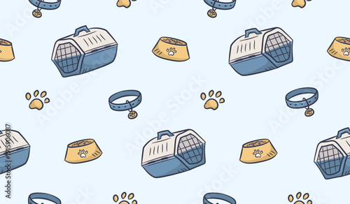 Pet doodle background. Cute pet accessories seamless pattern. Pet shop pattern background. Pet care hand drawn seamless pattern with dog cage, cat food, bowl, paws, collar.