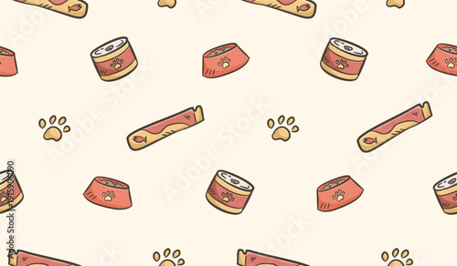 Pet doodle background. Cute pet accessories seamless pattern. Pet shop pattern background. Pet care hand drawn seamless pattern with dog food, can, treat, cat bowl.