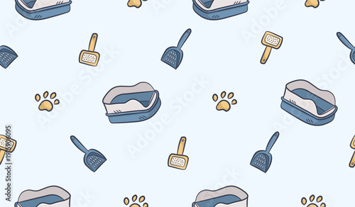 Pet doodle background. Cute pet accessories seamless pattern. Pet shop pattern background. Pet care hand drawn seamless pattern with litter box, litter scoop, cat or dog paw, lint remover.