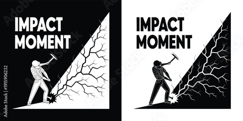 Black and white graphic design illustrating a determined worker striking the ground creating a massive crack representing an impact moment