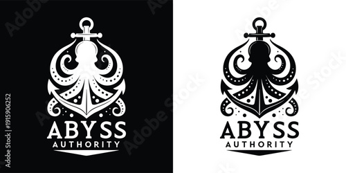 Nautical themed logo design prominently featuring an ornate octopus intertwined with a classic ship anchor illustrating deep sea power and authority