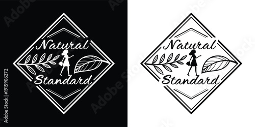 Black and white logo design featuring the words natural standard framed within a double diamond shape accompanied by botanical elements