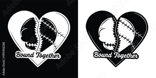 Graphic design featuring a heart shape split in two halves resembling a baseball stitched together with the text bound together below