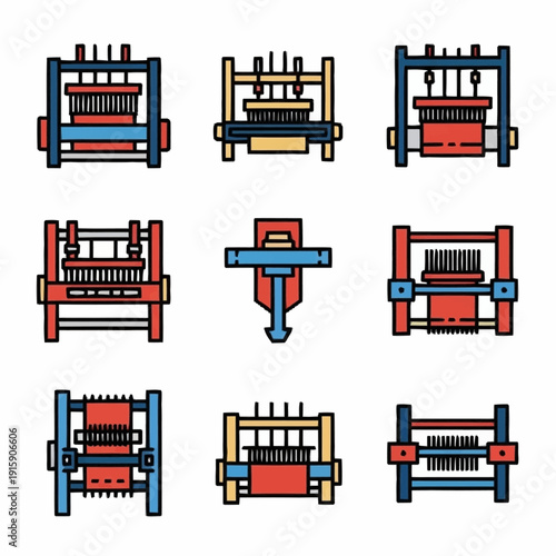 Collection of Flat Design Loom Icons for Textile Industry.