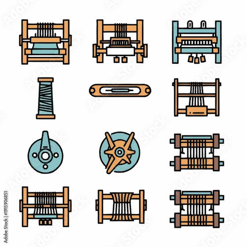 Collection of Vintage Textile Weaving Tools and Equipment Icons.