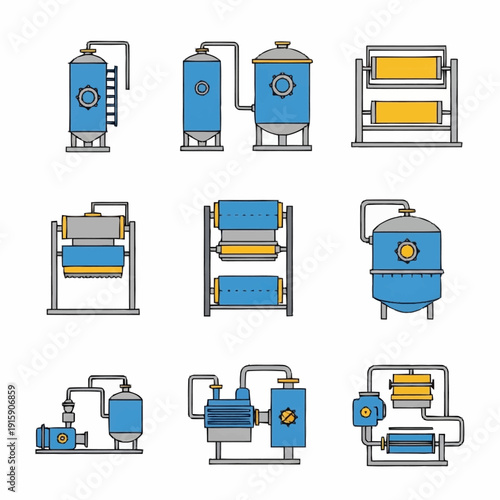 Industrial Equipment Set Blue Icons Vector.