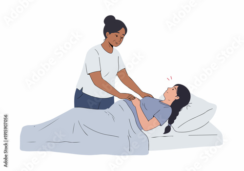 Caring woman comforting another woman feeling unwell in bed, providing gentle support and empathy during a time of discomfort or recovery.