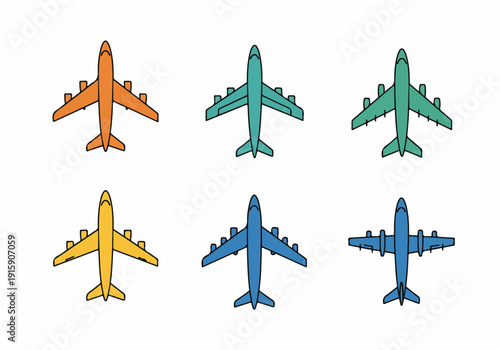 Colorful vector airplanes on white, six distinct aircraft models from an aerial view, symbolizing travel, aviation, and global transportation in a flat design style.