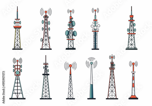 Diverse collection of communication towers and radio masts, illustrating wireless network technology and global connectivity in a flat design style.