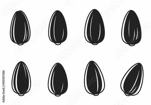 Collection of Stylized Black and White Sunflower Seeds in Various Angles, Minimalist Graphic Design for Healthy Snack, Food, and Oil Concepts