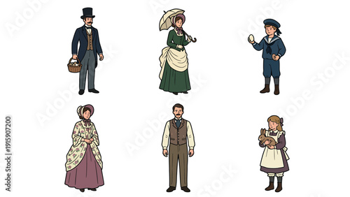 Victorian Era People Characters Illustration Set: Diverse Historical Men, Women, and Children in Period Attire